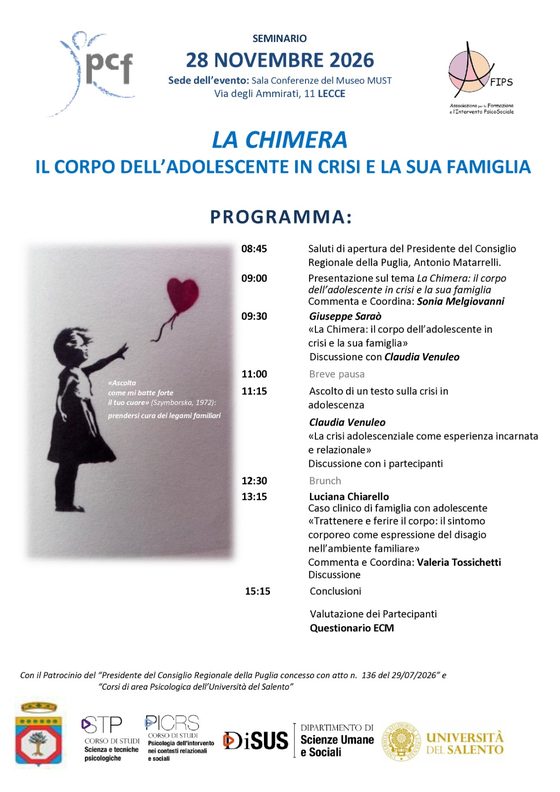 Locandina del seminario La Chimera – Il corpo dell'adolescente in crisi e la sua famiglia, 28 novembre 2026, Museo MUST di Lecce